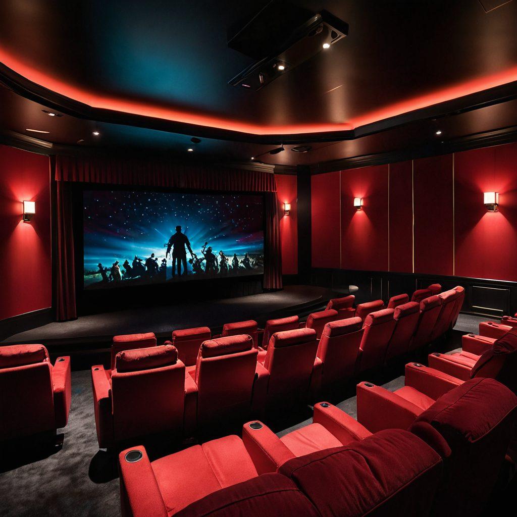 A mesmerizing blend of vibrant scenes from adult cinema, featuring a dynamic cinema screen displaying elegant silhouettes of captivating performances. Soft, ambient lighting surrounds plush seats filled with intrigued viewers, while enticing visuals like film reels and popcorn highlight the excitement of the experience. The composition should evoke passion and allure, capturing the essence of extreme adult cinema. super-realistic. vibrant colors. dynamic lighting.