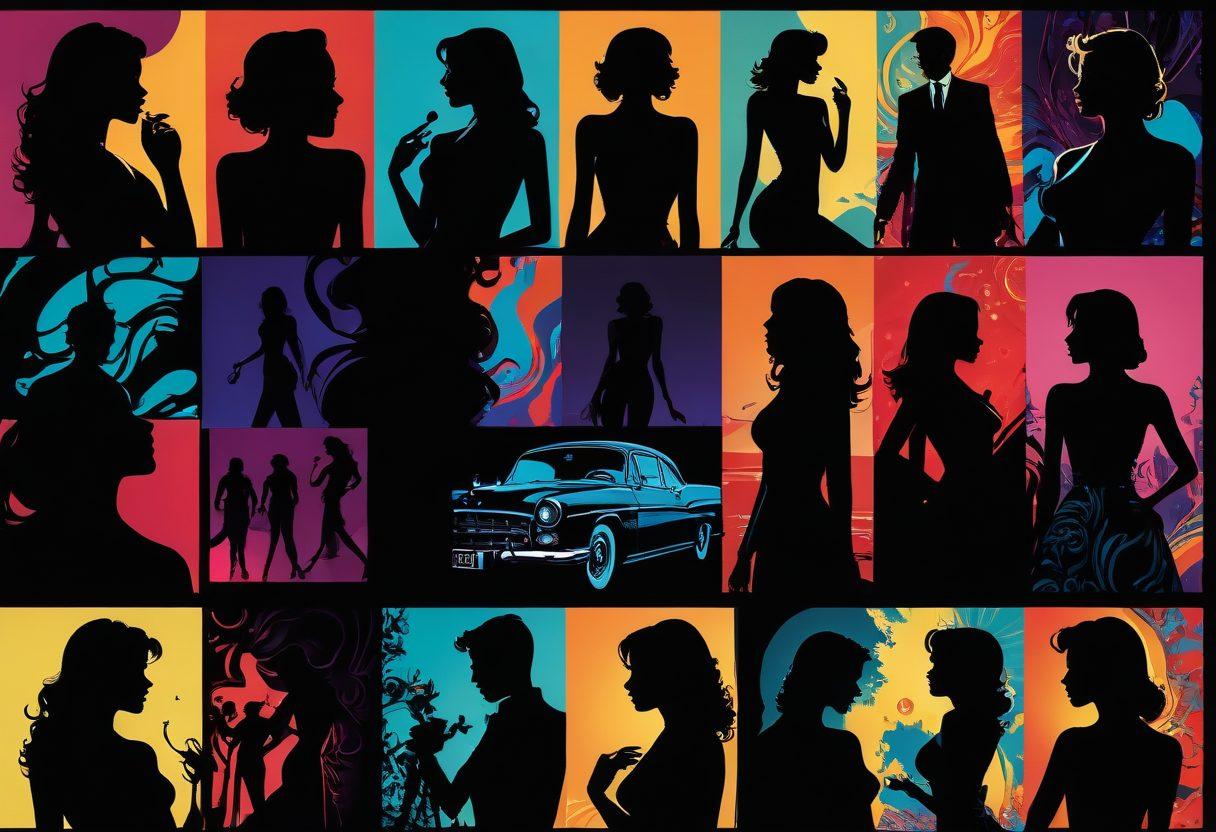 A collage of iconic scenes from various adult films, capturing vibrant colors and striking visuals, with an artistic flair that showcases the allure and intensity of the cinematic experience. Include elements of glamour, sensuality, and dramatic lighting to convey depth. The background should be abstract and intriguing to invite exploration. Include silhouettes and shadows for a mysterious touch. vector art. vibrant colors.